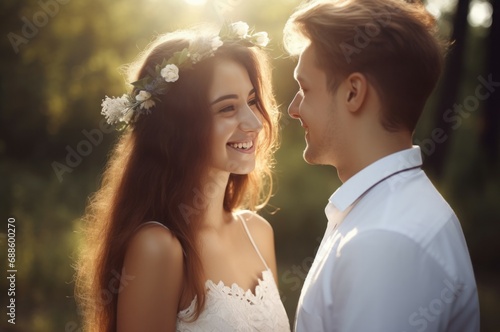 Married couple happy photo in sunny day. Romance female happy smiling people. Generate Ai