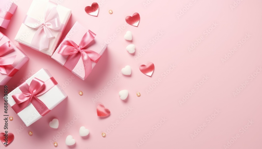 Top view concept valentine's day decorations white gift box with pink silk ribbon bow and small hearts on isolated pastel pink background with copyspace for banner