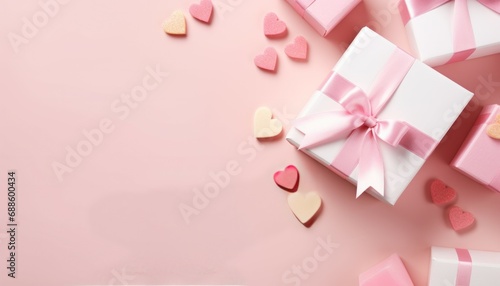 Top view concept valentine s day decorations white gift box with pink silk ribbon bow and small hearts on isolated pastel pink background with copyspace for banner