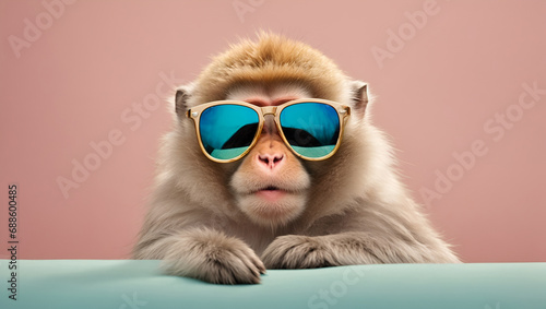 Funny and colorful monkey with sunglasses and a colorful pastel background. Summer vacation concept
