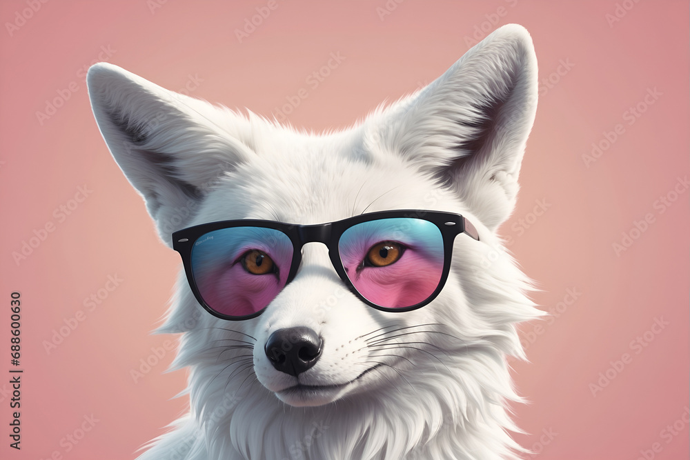 Funny and colorful fox with sunglasses and a colorful pastel background. Summer vacation concept
