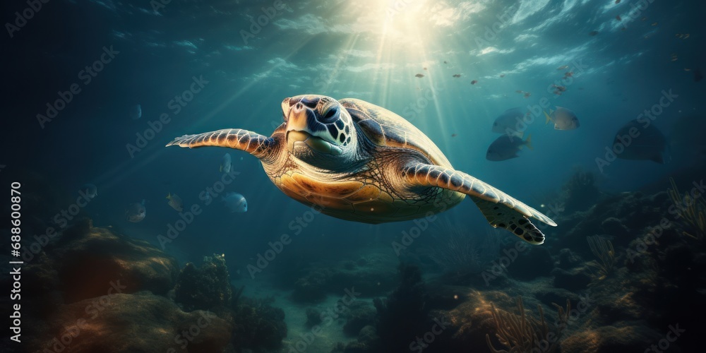 Fototapeta premium Sea turtle multicolored deep underwater is sunny rays. Ocean life, wildlife. Conservation species and population
