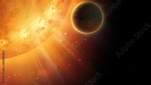 A vibrant digital illustration depicting a big orange planet with a shining star in the backdrop. Ideal for science fiction book covers. Planet in close proximity to the sun, a cosmic configuration 