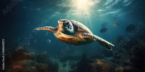 Sea turtle multicolored deep underwater is sunny rays. Ocean life, wildlife. Conservation species and population © svetlana_cherruty