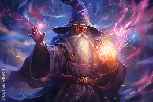 old wizard holding glowing crystal ball with swirling magic cloudy swirl backgound, fantasy painting  photo