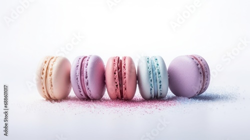 group of macarons on white sugar powder with same format arranged in a creative or unusual way , copy space, 16:9