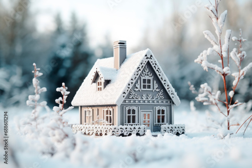Beautiful miniature house in a snow. Concept for - winter discounts for home purchases, real estate. photo