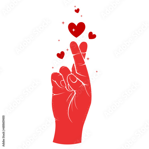 Crossed fingers hand gesture and hearts, Valentine's day hope sign, fake promise and fortune symbol, vector