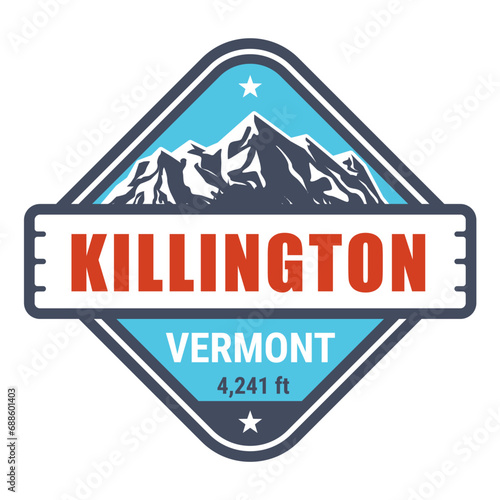 Killington, Vermont ski resort stamp, emblem with snow covered mountains, vector
