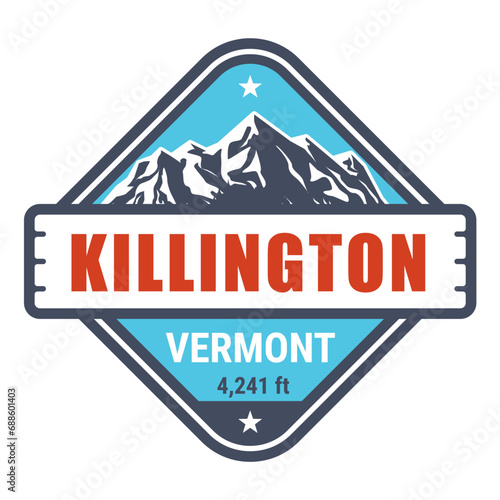 Killington, Vermont ski resort stamp, emblem with snow covered mountains, vector