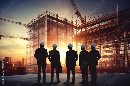 Team of business people in group, architect and engineer on construction site check business workflow on new building