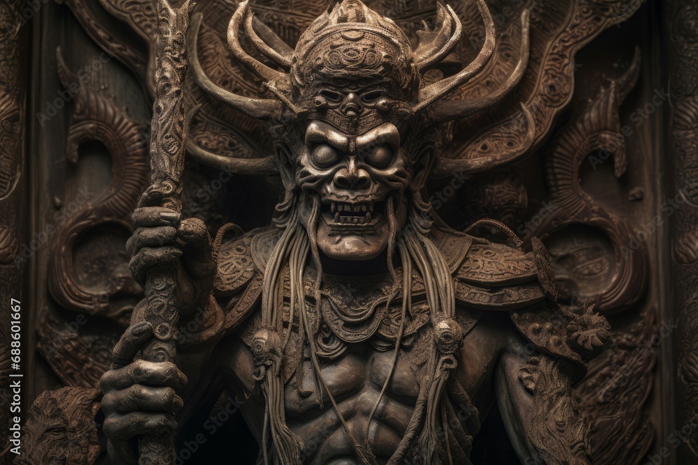 Yama lord death. Ancient and mythical stoneware statue ancient beast. Generate AI Yama lord death. Ancient and mythical stoneware statue ancient beast. Generate AI