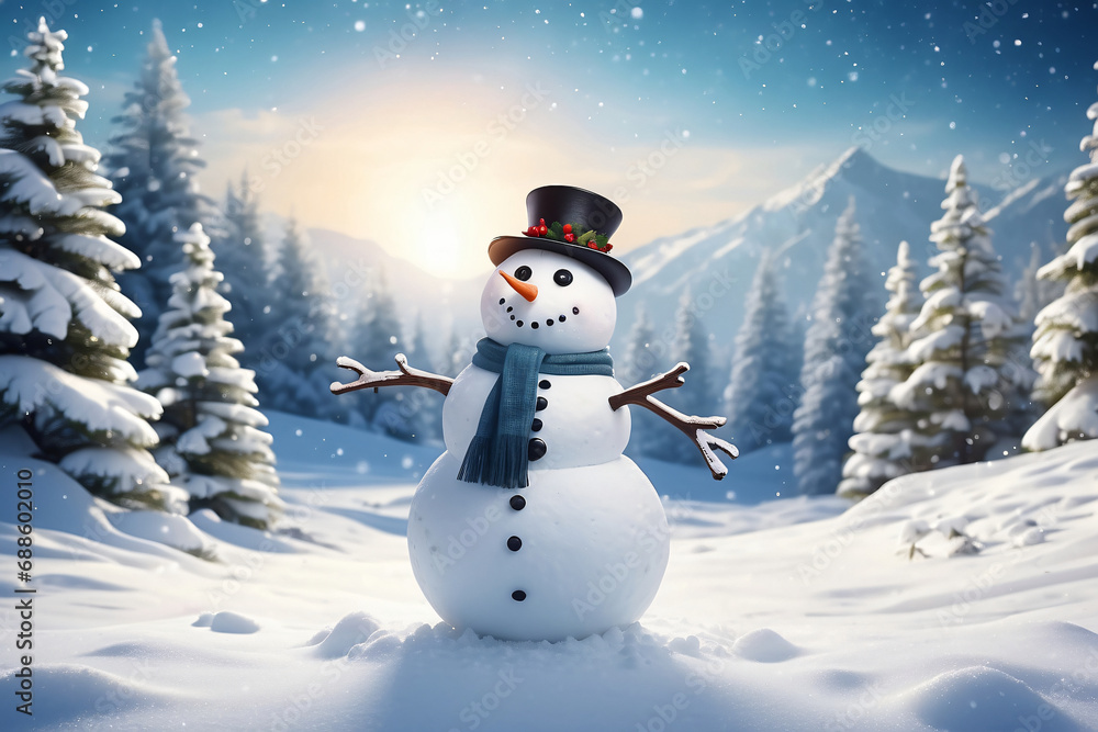 Snowman standing in Christmas landscape. A festive Christmas or snow background. Snowman standing in Christmas landscape. A festive Christmas or snow background.