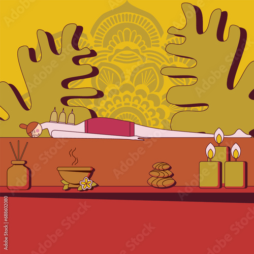 Wellness cupping vacuum back massage. Isolated flat vector illustration.