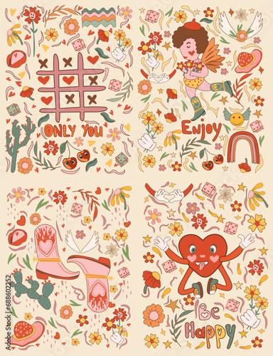 Retro Valentine's Day sticker collection. Features cartoon groovy romantic elements and holiday hippie characters. Includes a vintage comic-style cute cupid, a running heart, flowers. Vector.