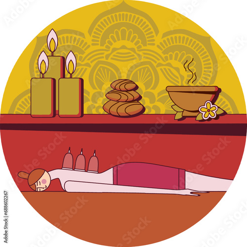 Wellness cupping vacuum back massage. Isolated flat vector illustration in circle shape.