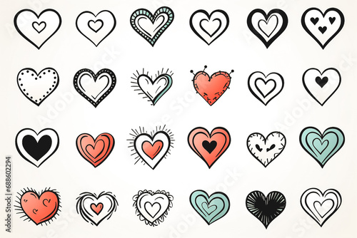 Collection of drawn hearts in flat style, Valentine's Day greeting card design.