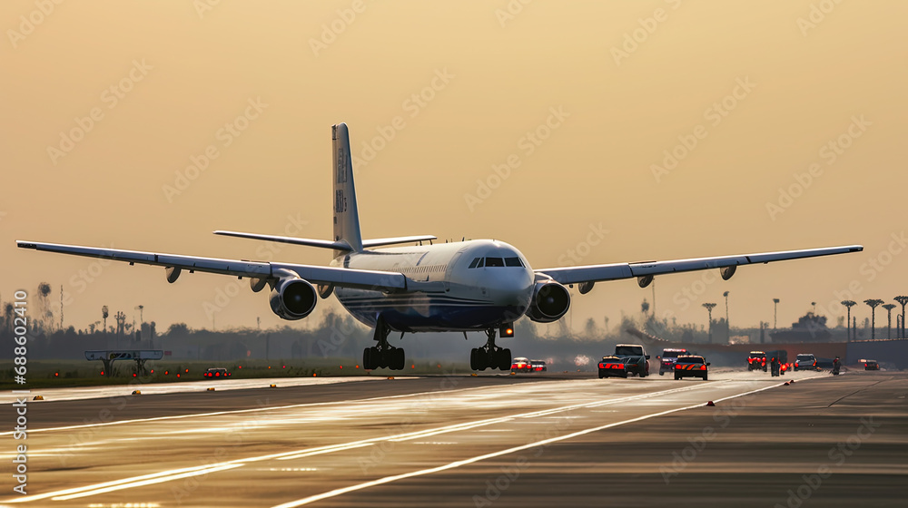 Fototapeta premium Take Off A Commercial Air Plane at Airport Runway Under Sky Background Selective Focus