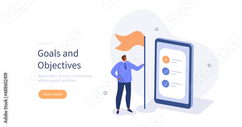 Performance management concept. Character setting goals and objectives to professional development, personal improvement and growth. Vector illustration.