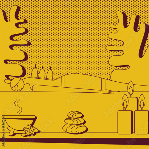 Sketch of wellness cupping vacuum back massage. Isolated vector illustration in retro style.