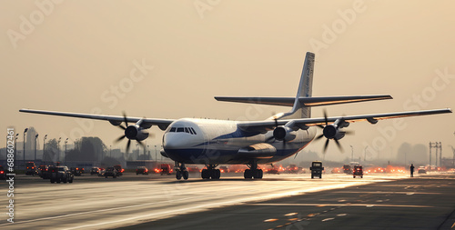 Air Plane Take Off at Airport Runway Under Sky on Blurry Background