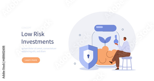 Low risk investments. Character opening savings account and receiving interest on deposit. Business and finance concept. Vector illustration.