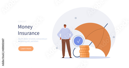 Financial insurance. Character protects finances by insurance against loss of money. Business and finance concept. Vector illustration.
