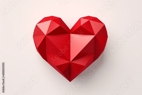 Illustration of red textured heart in japan origami style. Paper heart on white background