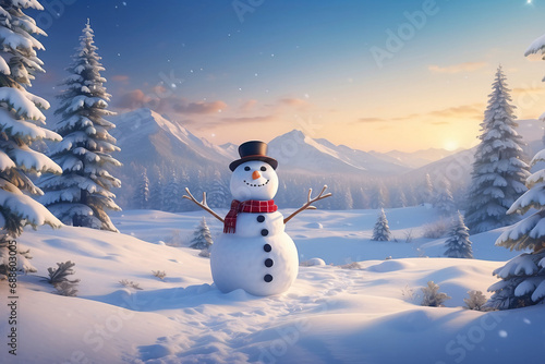 Snowman standing in Christmas landscape. A festive Christmas or snow background.