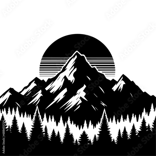 Mountain with Tree vector silhouette illustration black color, mountain forest vector silhouette
