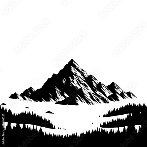 Mountain with Tree vector silhouette illustration black color, mountain forest vector silhouette © Big Dream