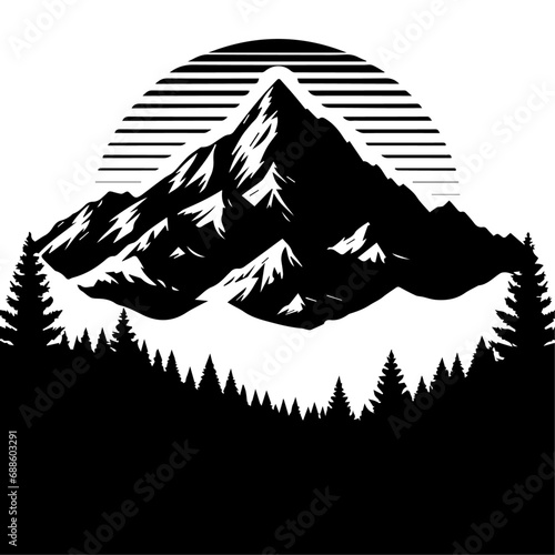 Mountain with Tree vector silhouette illustration black color, mountain forest vector silhouette