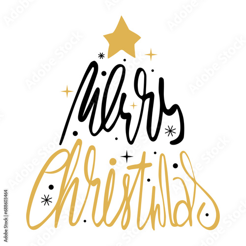Merry Christmas lettering in shape of tree vector isolated. Illustration of a Christmas design element. Winter holiday, new year. Banner design, vintage style.