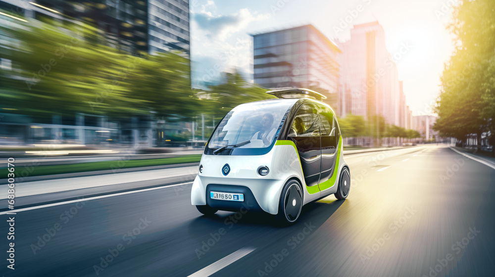 Electric Mini Mobility Vehicles Self-Driving on a City Street with Passengers, Smart Public Transport, AI Powered Shared Car, Futuristic Taxi, Green Mini Bus, Sustainable City Planning - obrazy, fototapety, plakaty 
