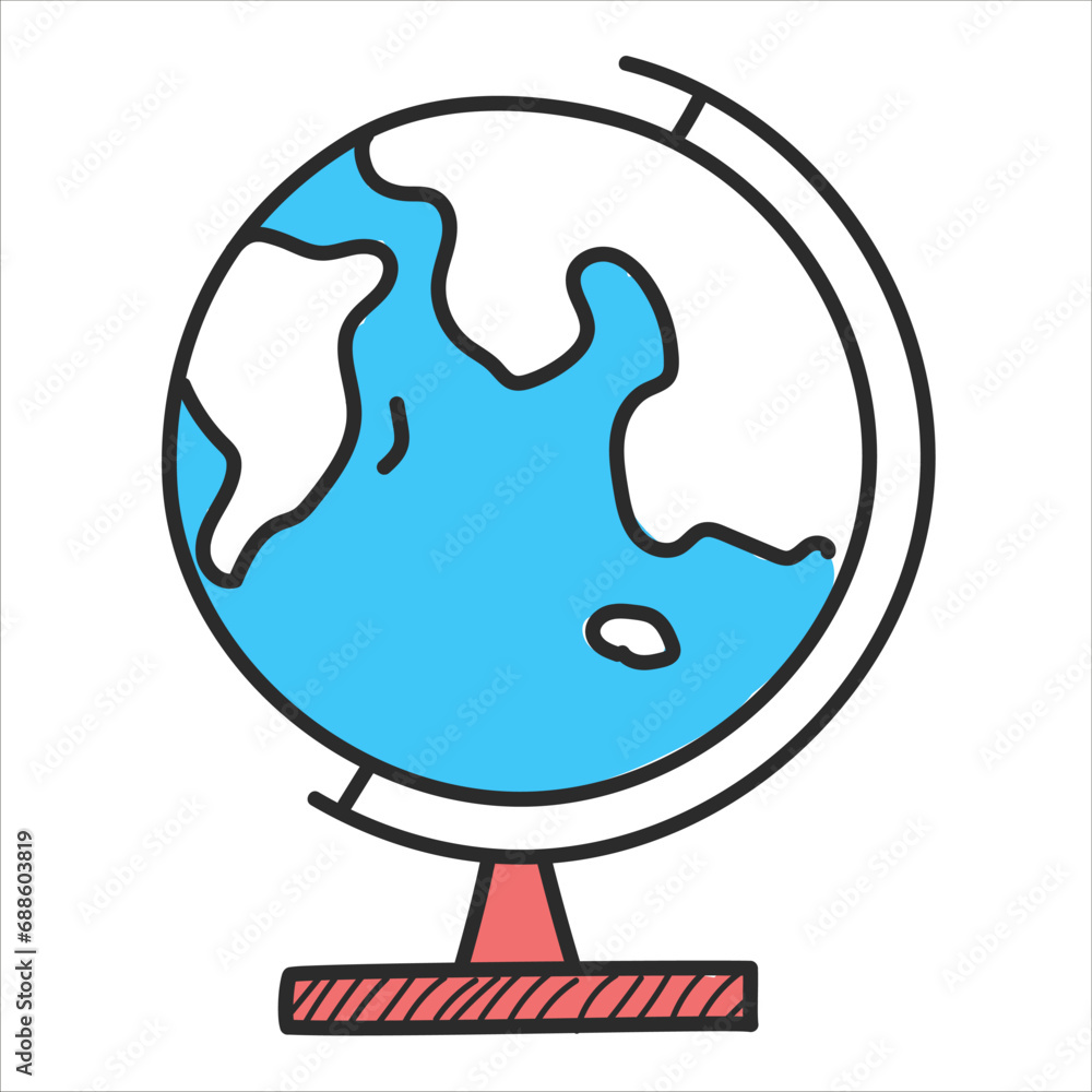 Globe on stand doodle icon vector isolated. Hand-drawn illustration of an educational equipment. World map on sphere, geography concept. Globe on stand doodle icon vector isolated. Hand-drawn illustration of an educational equipment. World map on sphere, geography concept.