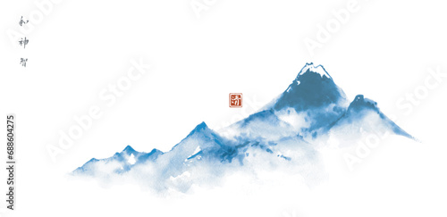 Elegant oriental watercolor mountain landscape in traditional Asian ink art style sumi-e, serene and tranquil. Hieroglyphs - harmony, spirit, wisdom, clarity