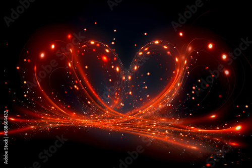 Light effect heart shape on a black background. Red glowing neon heart