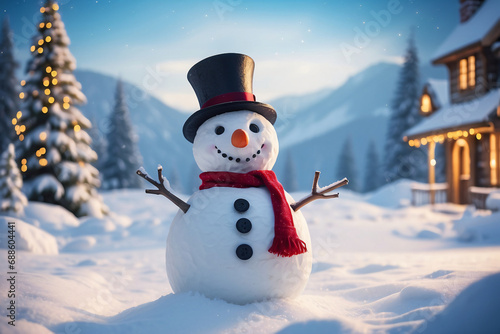 Snowman standing in Christmas landscape. A festive Christmas or snow background. © StockArtEmpire.AI