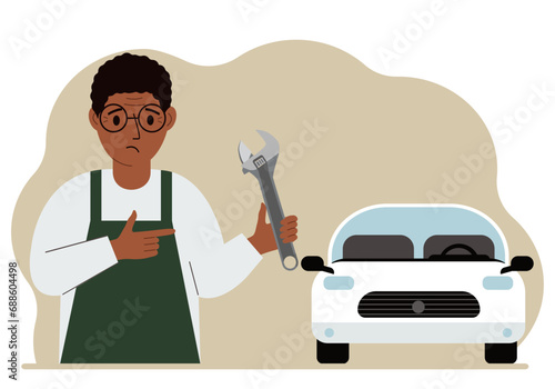 Auto mechanic in a car workshop near a white car. A man holds a wrench in his hand. Car repair concept. Poster, advertisement, banner.