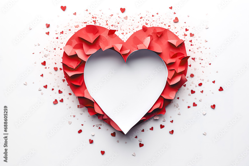 Red heart on a white background, top view. Valentine's Day greeting card design.