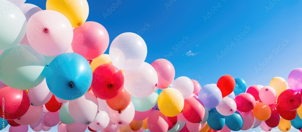 hundreds of colorful balloons in the air against a blue sky background hundreds of colorful balloons in the air against a blue sky background