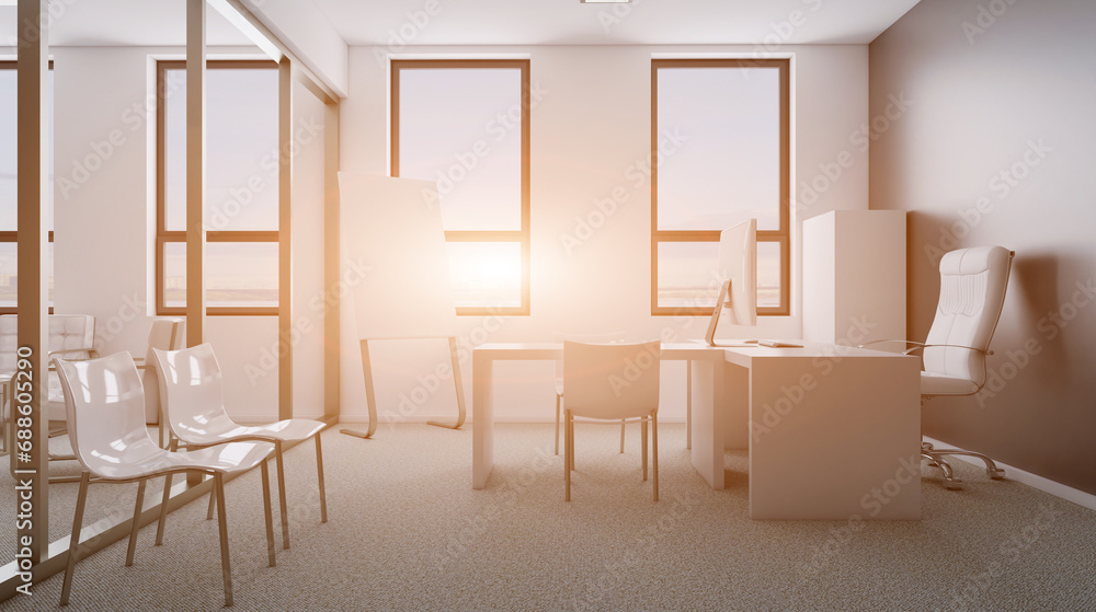 Modern meeting room. 3D rendering.. Sunset. Modern meeting room. 3D rendering.. Sunset.