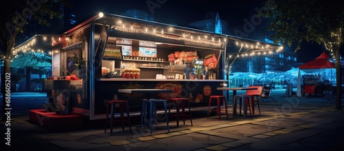 Food Truck selling Burgers and Drinks. empty scene, with table chairs and umbrellas, nighttime atmosphere photo