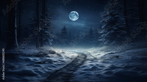 Full moon over path in the winter forest
