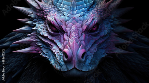 portrait d'un dragon bleu et rose sur fond noir - gros plan photo