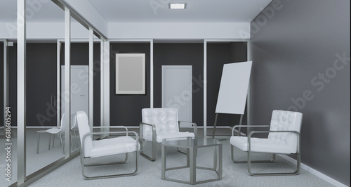 Open space office interior with like conference room. Mockup. 3D rendering.. Mockup. Empty paintings