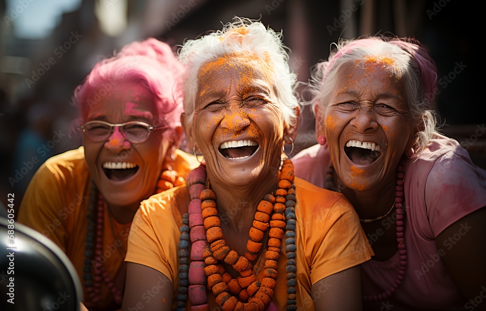 Cheerful elderly women in colorful clothes Cheerful elderly women in colorful clothes