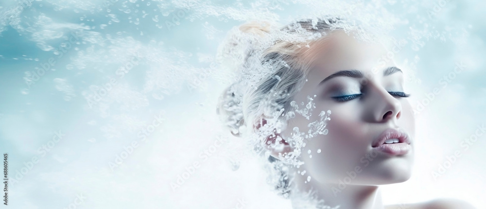 Young woman Girl in abstract  snow and water drops Fashion spa salon advertising. Abstract fashion concept.	