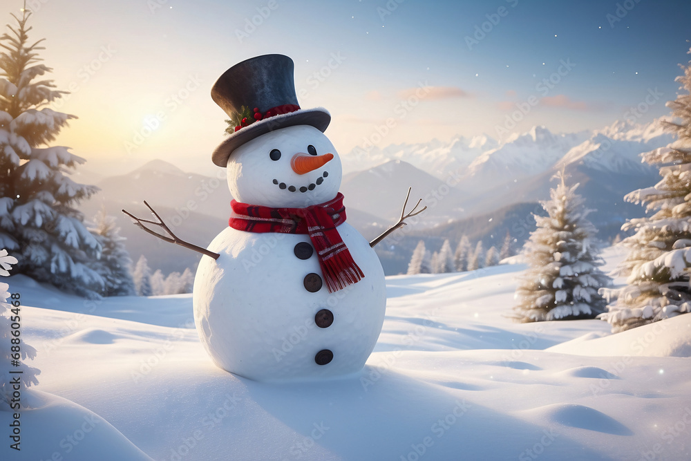 Snowman standing in Christmas landscape. A festive Christmas or snow background.