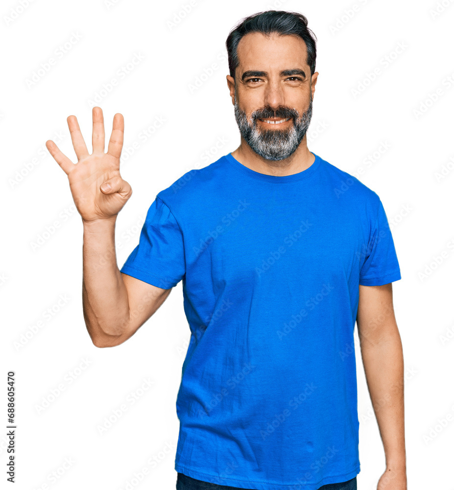 Middle aged man with beard wearing casual blue t shirt showing and pointing up with fingers number four while smiling confident and happy. Middle aged man with beard wearing casual blue t shirt showing and pointing up with fingers number four while smiling confident and happy.